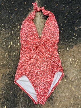 Michael Kors Red Floral Halter One-Piece Swim Suit